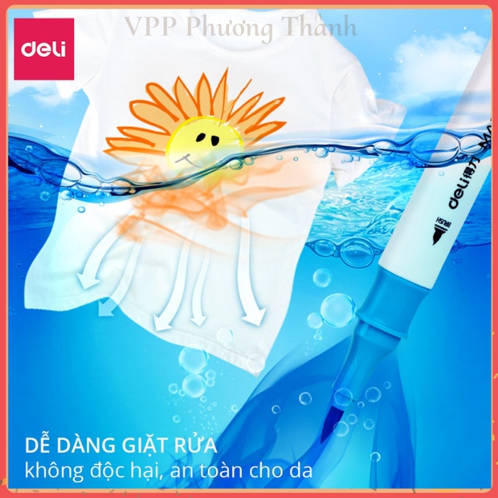 Bút dạ màu marker chuyên nghiệp 2 đầu túi vải bò Deli -mực có thể rửa được -có đầu brush và vát - 30/40/60/80màu -70808