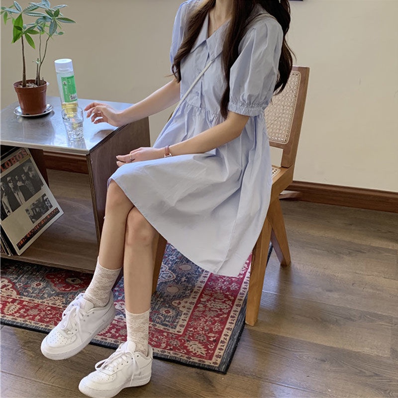 [LININ] Đầm Ngắn Dáng Rộng Tay Phồng Màu Xanh Sữa Phong Cách Pháp Thời Trang Mùa Hè Cho Nữ