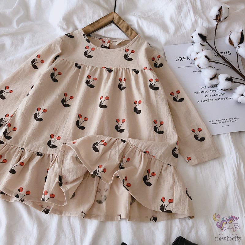 Đầm bé gái tay dài in trái cherry xinh xắn phong cách Hàn Quốc