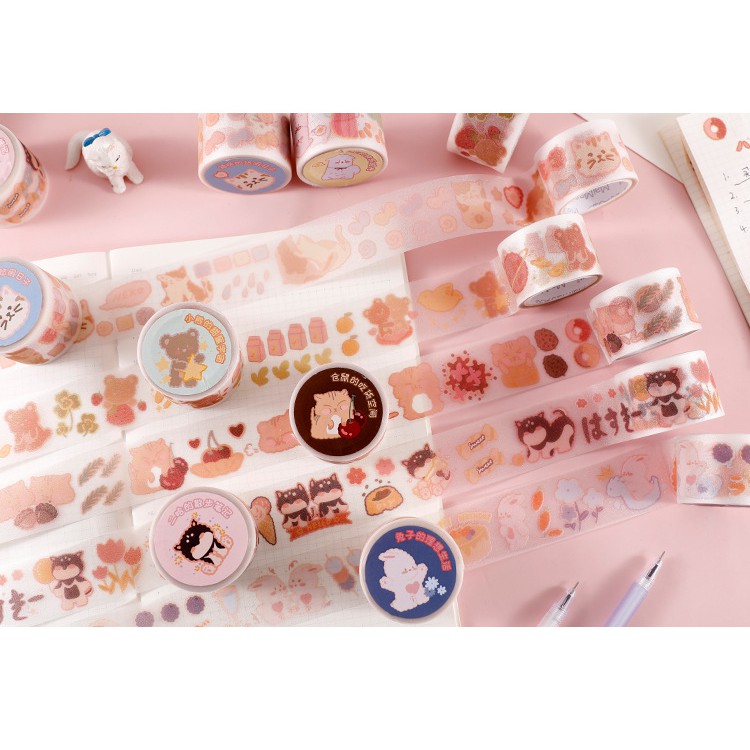 Cuộn sticker cute trang trí sổ còng bullet journal họa tiết động vật đáng yêu (Cuộn 3m)
