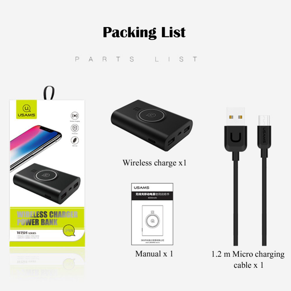 [Chính Hãng] Pin Dự Phòng USAMS có Sạc Không Dây Qi 8000mAh