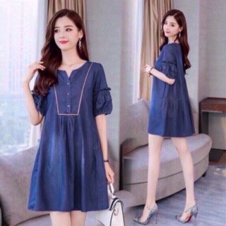 Đầm jean chữ a cổ phối viền