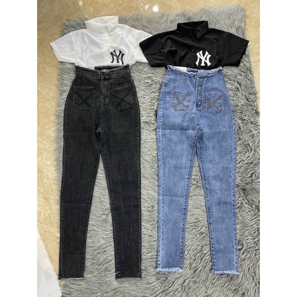 Quần jeans mã 003 lưng tua túi X ôm body lưng siêu cao rách gối JZ0T