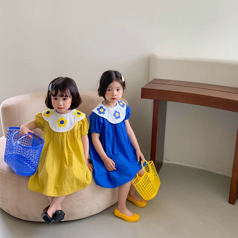 Đầm Công Chúa Tay Phồng Cổ Bẻ In Họa Tiết Hoa Dễ Thương Thời Trang Mùa Hè Cho Bé Gái