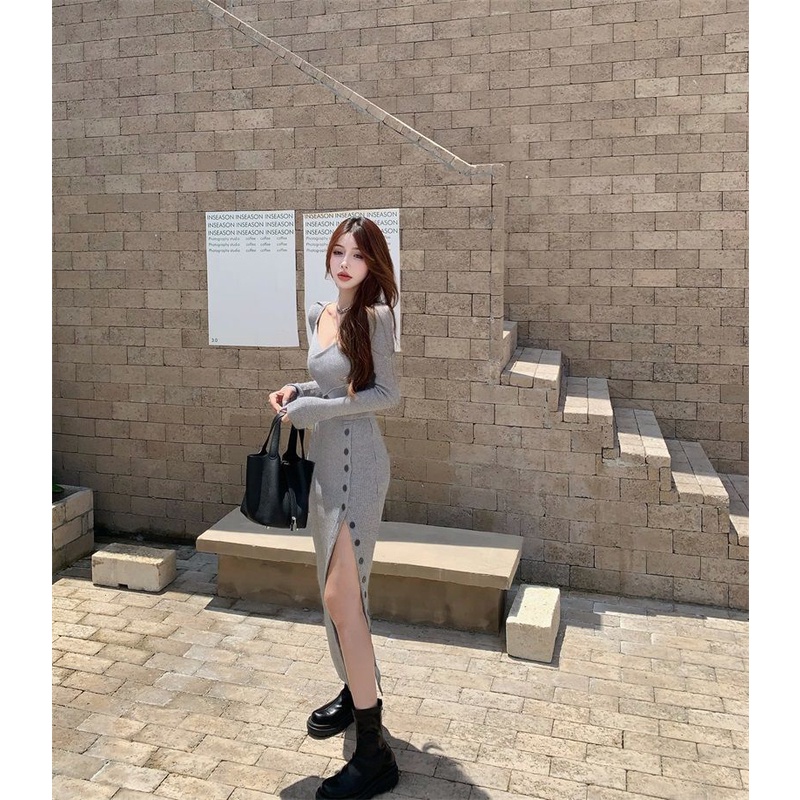 Bộ đồ 2 món ZHELIHANGFEI gồm áo dệt kim cổ chữ V tay dài và chân váy xẻ tà gợi cảm cho nữ