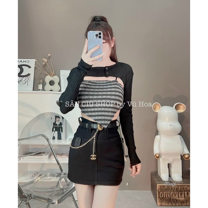Áo len cặp hai chi tiết gồm áo hai dây kẻ mix áo cadigan choàng ngắn 327