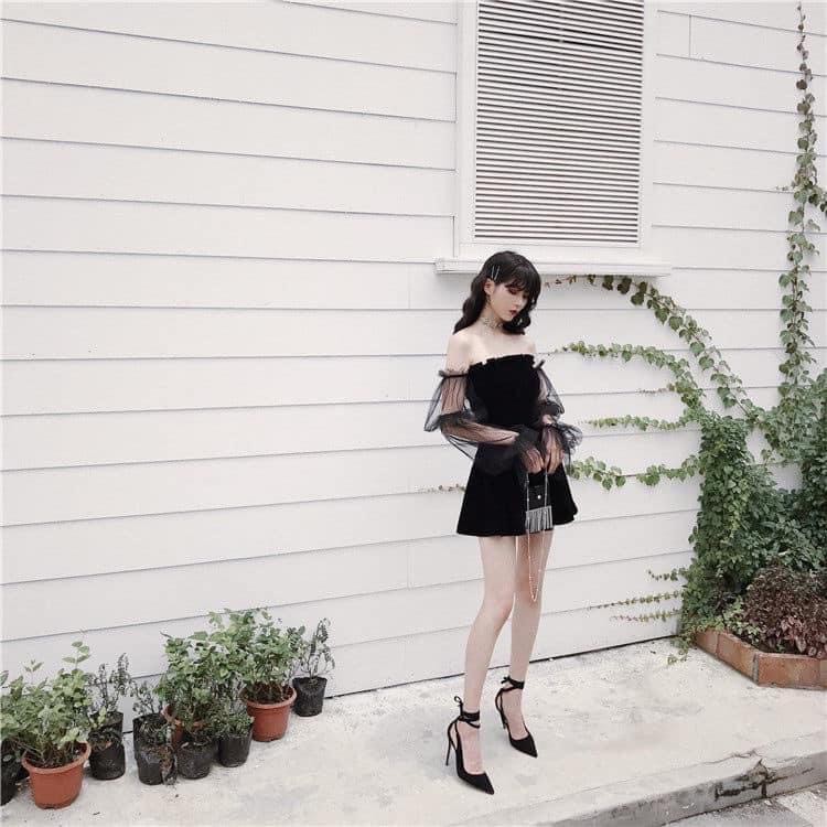 [FREESHIP] Đầm nhung tay lưới