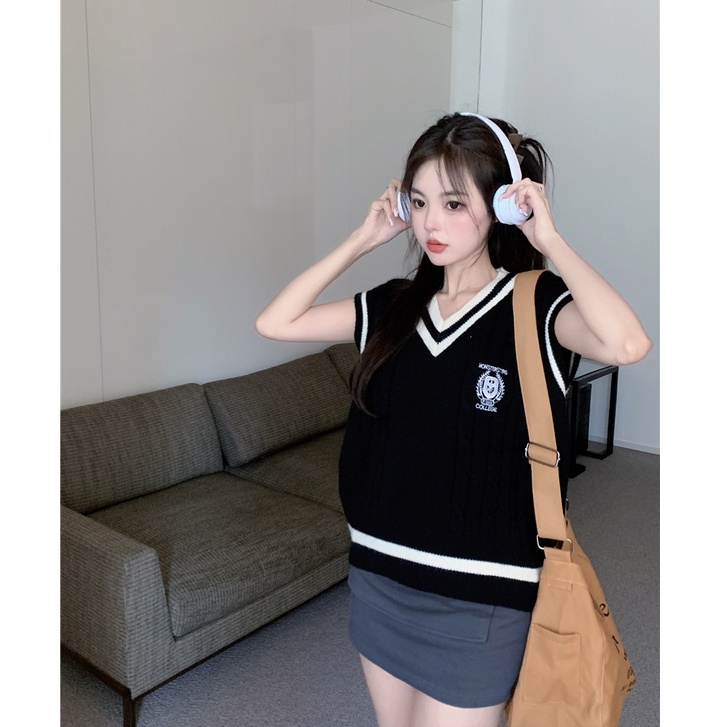 Porozi  Áo sweater Áo sát nách dệt kim tay dài cổ chữ V phong cách thời trang Hàn Quốc dành cho nữ