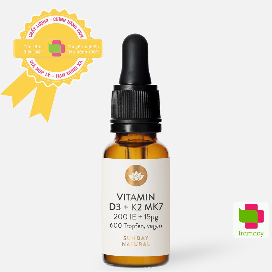 Vitamin D3 K2 Sunday Natural D3 K2 MK7, Đức (20ml dạng giọt) tăng hấp thu canxi vào xương, răng cho trẻ sơ sinh - 4 tuổi