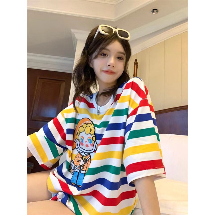 Jiashucheng Áo Thun Ngắn Tay Cổ Tròn Họa Tiết Kẻ Sọc Cầu Vồng Màu Tương Phản Thời Trang Mùa Hè Hàn Quốc 2023 Mới