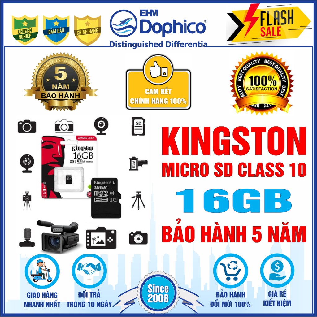 Thẻ nhớ Kingston 16GB - KINGSTON MicroSD Class10 – CHÍNH HÃNG – Bảo hành 5 năm – Kèm Adapter