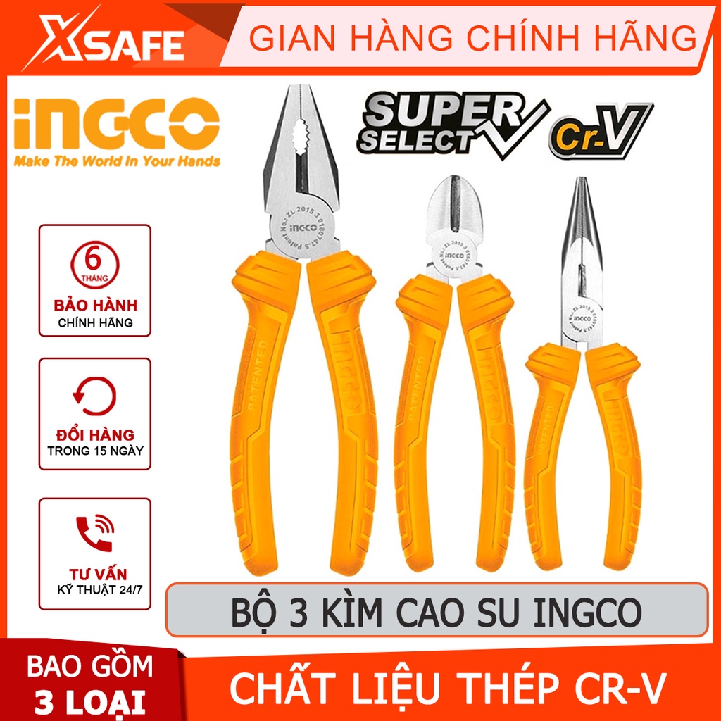 Bộ 3 kìm INGCO HKPS08311 kích thước 6 inch Bộ 3 kềm hợp kim cao cấp chắc chắc, chịu lực, chịu nhiệt - Chính hãng [XSAFE]