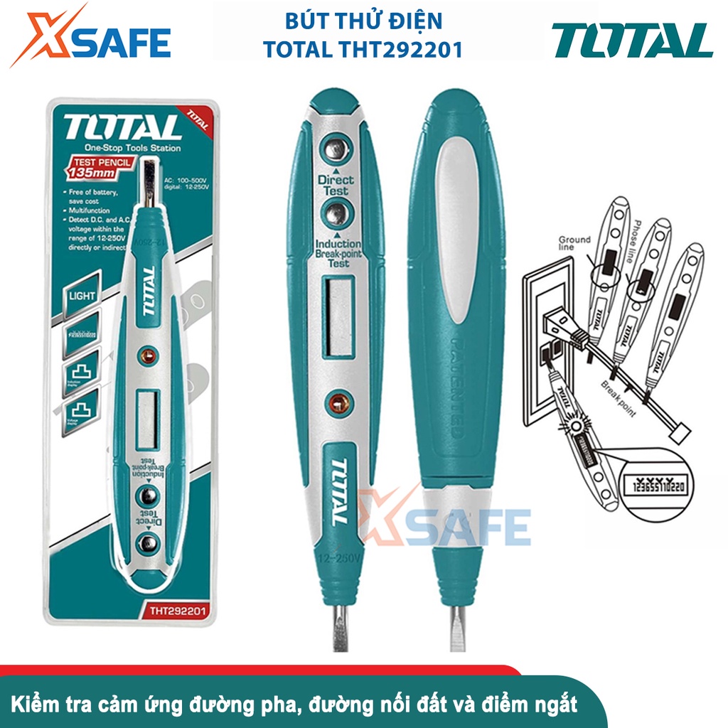 Bút thử điện TOTAL THT292201, điện áp kiểm tra AC100-500V/kỹ thuật số: 12-220V, kiểm tra cảm ứng để tìm đường pha