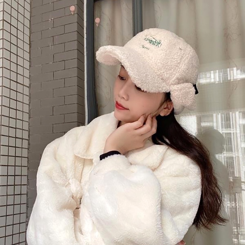 Mũ lưỡi trai lông cừu dày dặn giữ ấm tai kiểu Nhật bản cho nữ