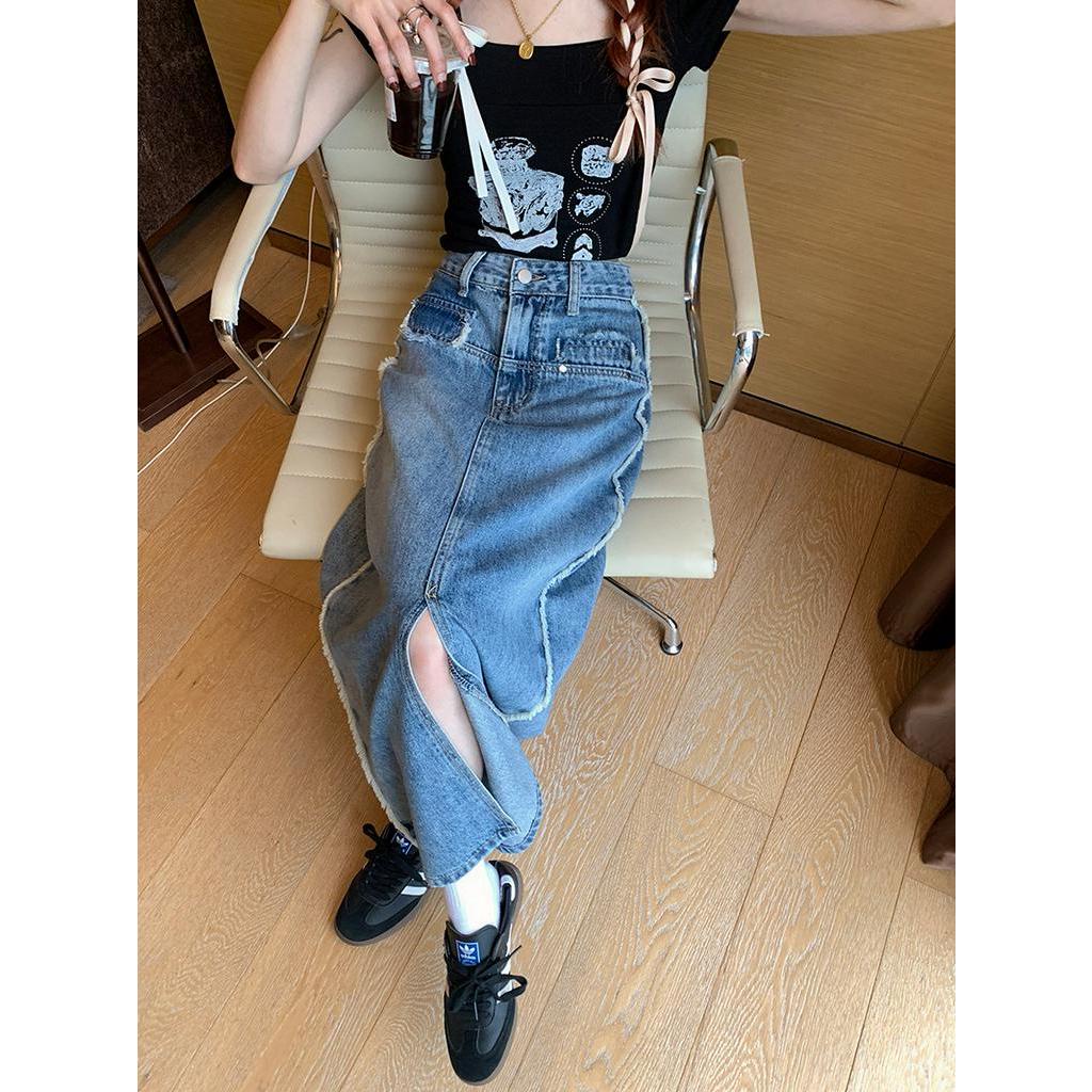 63541 Váy Denim Xẻ Tà Cổ Điển Mùa Hè