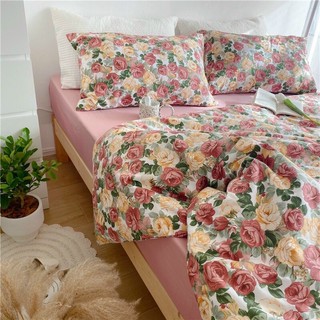 Bộ Chăn Ga Gối Cotton Living 100%cotton Hàng Nhập Khẩu Cao Cấp 4 Món Hoa Hồng Pháp