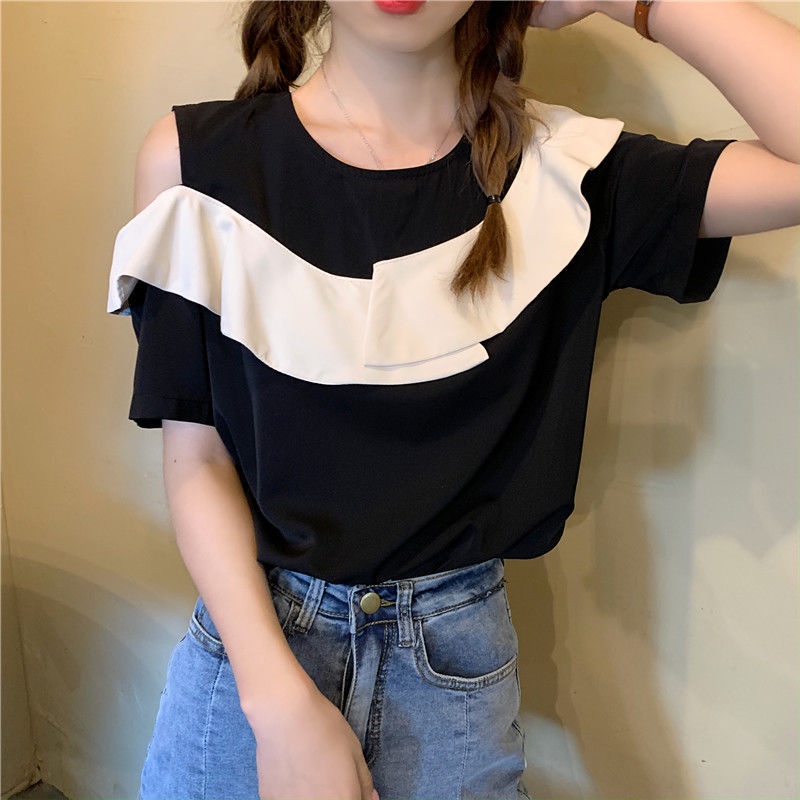 Áo Chiffon Tay Ngắn Trễ Vai Phối Bèo Màu Sắc Tương Phản Phong Cách Hàn Quốc Thời Trang Cho Nữ  tao bao