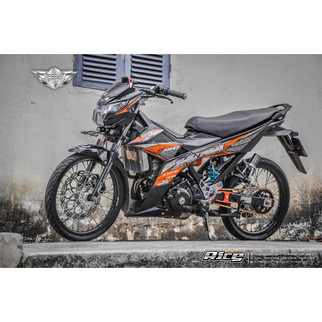 Tem Rời Dán Xe Raider FI Mẫu Hoa Văn Cam Đen Xám Chữ Satria F150 Cực Chất, Hàng 3 Lớp Chất Lượng Cao