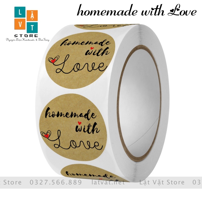 Tem tròn decal Homemade with Love, gián sản phẩm cảm ơn tri ân khách hàng, trang trí đồ vật sản phẩm, shop online
