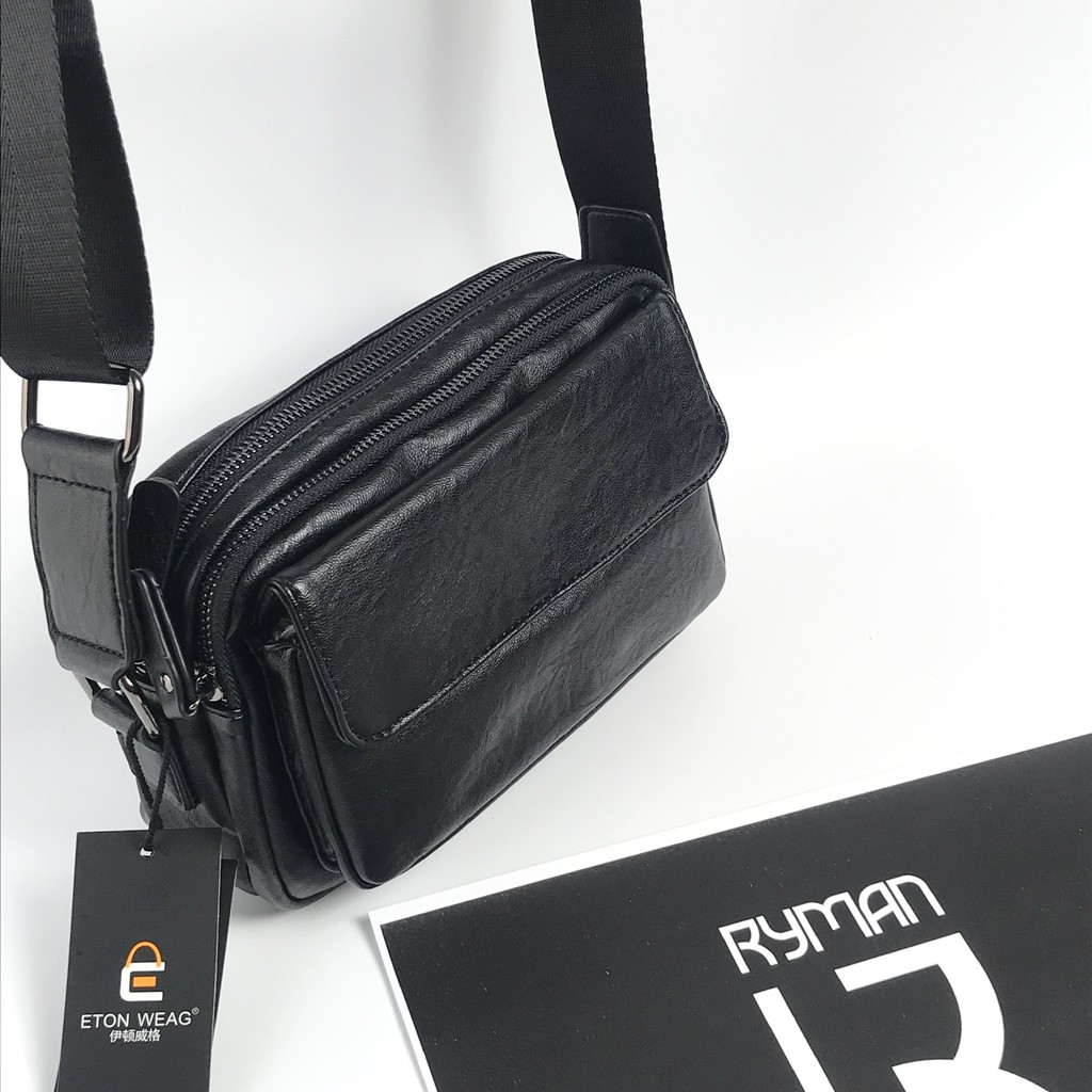 Túi nam đeo chéo đeo vai da PU trơn mềm cao cấp, màu đen 4 ngăn khóa kéo, dây đeo bền đẹp cho học sinh sinh viên đi chơi | BigBuy360 - bigbuy360.vn