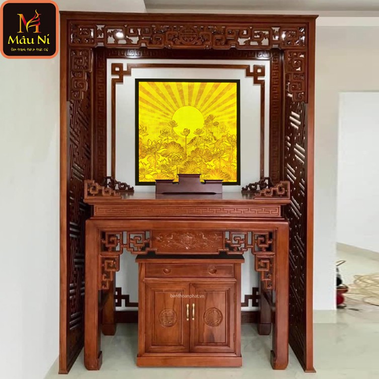 Tranh trúc chỉ in MÂU, kt 107cm x 107cm, Sen hội tụ tỏa (thích hợp cho bàn thờ rộng 107cm, 127cm [Bàn thờ chung cư đẹp ]