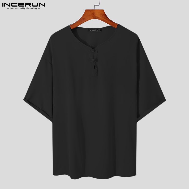 Áo thun INCERUN tay lỡ cổ chữ v màu sắc đơn giản phong cách trung hoa cho nam giới