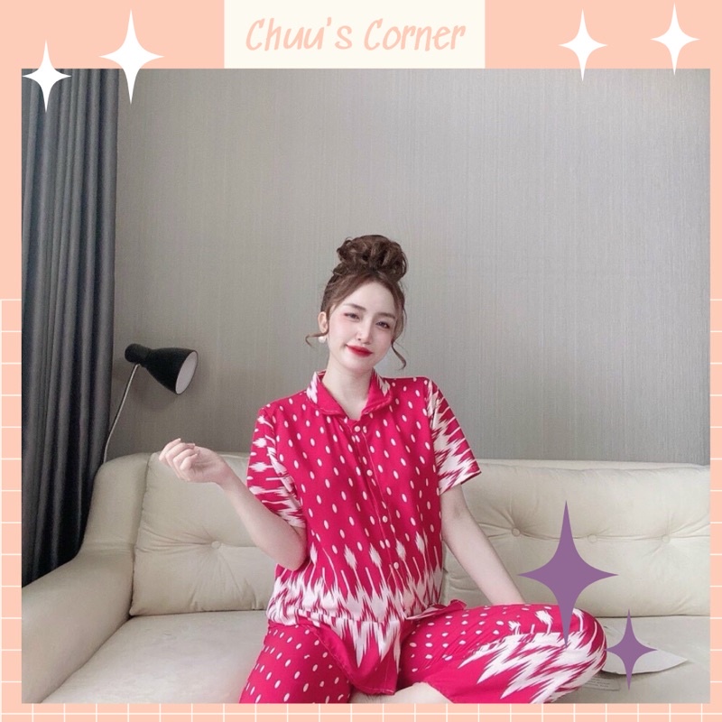 Đồ bộ ngủ nữ mặc nhà pijama vải lụa hàn mát mịn tay ngắn quần dài