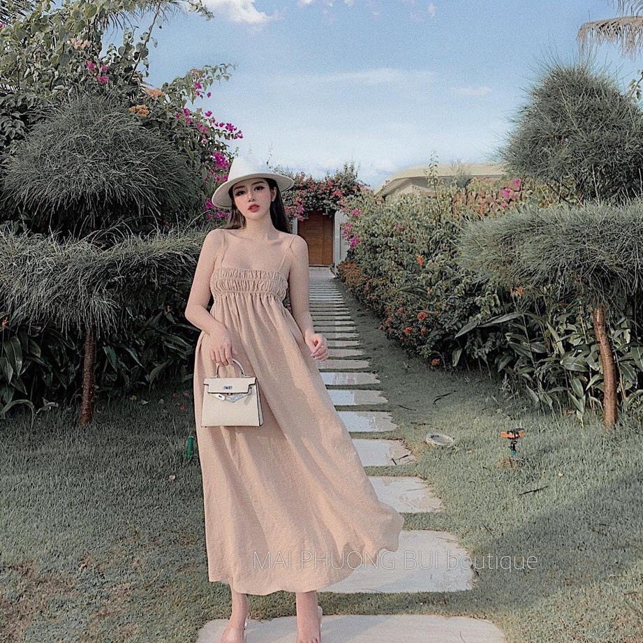 Đầm babydoll 2 dây nhún thun nút ngọc