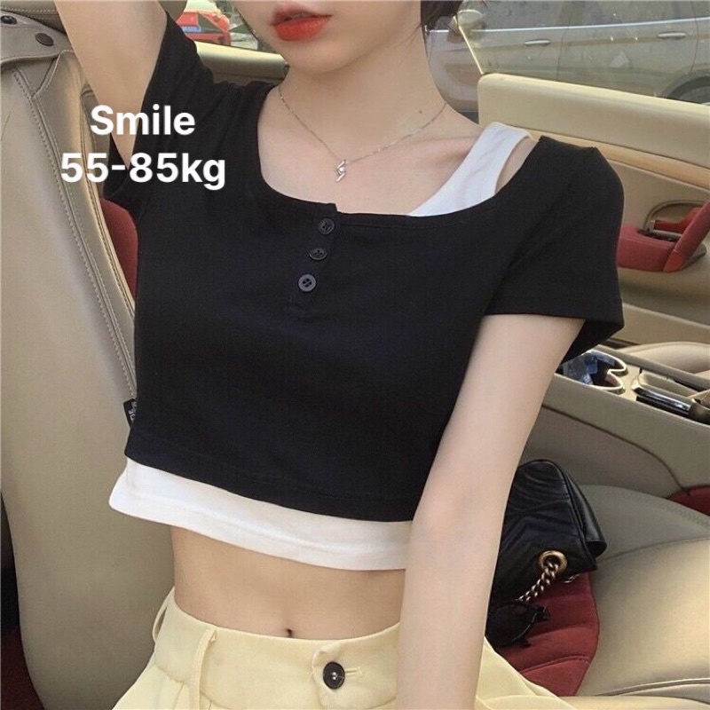 Áo thun croptop bigsize phối màu thời trang, áo kiểu tay ngắn xinh xắn size lớn smilebigsize AK01