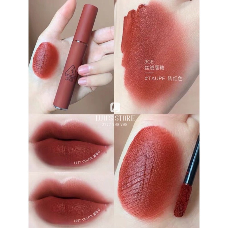 Son Kem Lỳ 3CE taupe màu đỏ nâu Velvet tint chính hãng