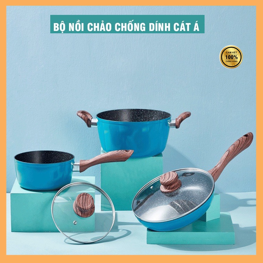 Bộ nồi chảo vân đá bếp từ cao cấp chống dính Cát á, size đáy từ 18-24cm, không kén bếp