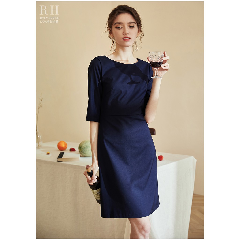 Đầm tối giản chữ a công sở tay lửng cổ tròn xanh đen