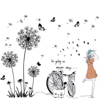 (HCM) Decal dán tường Combo Tranh Hoa bồ công anh đen và cô gái xe đạp trang trí phòng ngủ sáng tạo - decalhcm