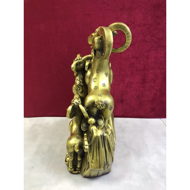 Tượng Tam Dương tiền 3 Dê đứng trên tiên vật phẩm phong thuỷ bằng đồng