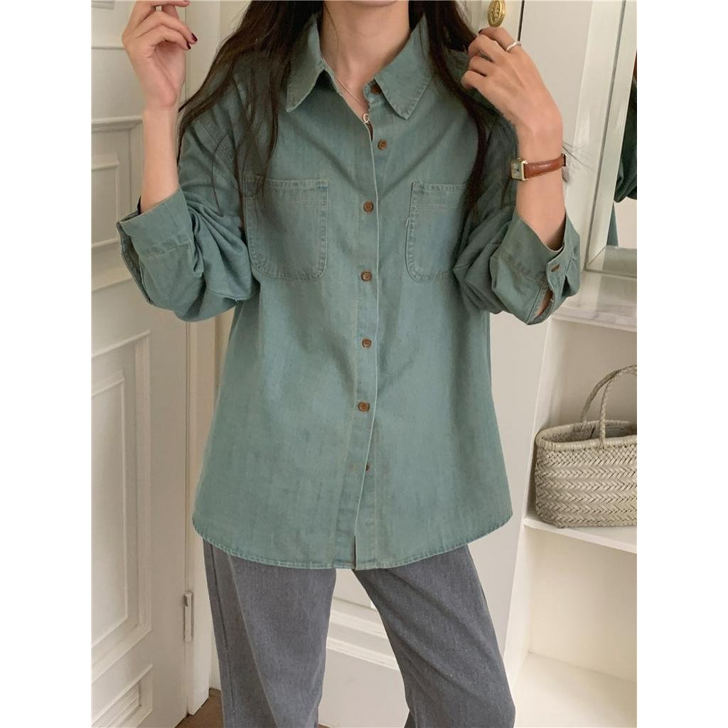 Áo Sơ Mi denim Tay Dài Cổ Bẻ Phong Cách retro 68199