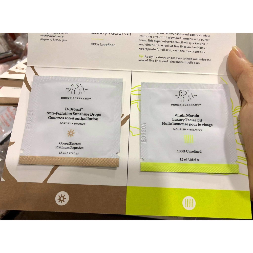 SAMPLE DƯỠNG DA  DRUNK ELEPHANT D BRONZI ANTI POLLUTION SUNSHINE DROPS & VIRGIN MARULA LUXURY FACIAL OIL