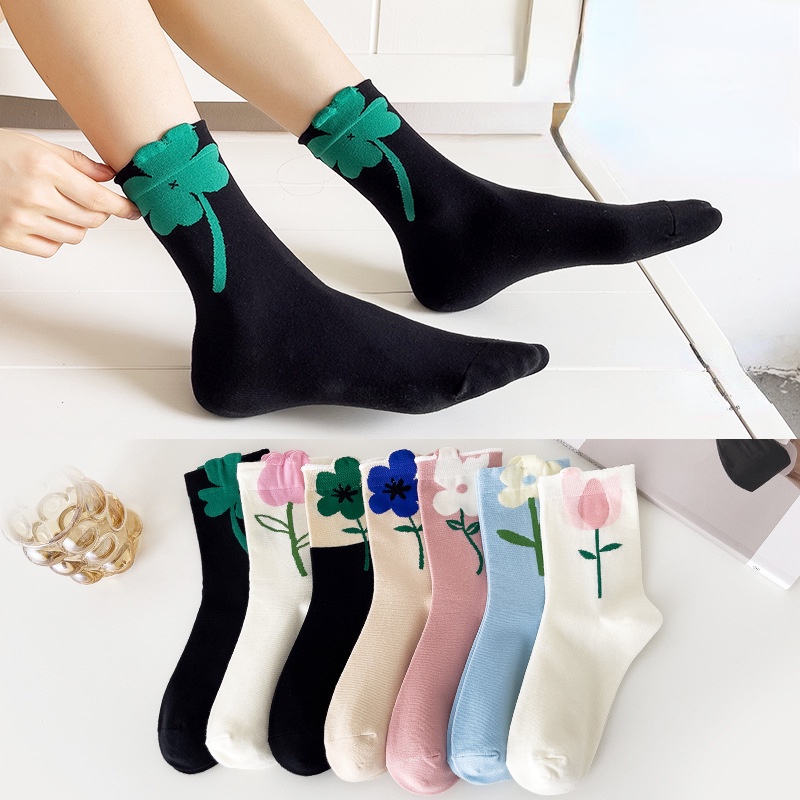 Vớ Cotton Cổ Vừa Chống Trượt Thoáng Khí Thoải Mái In Họa Tiết Hoa Tulip Dễ Thương Phong Cách Nhật Bản Cho Nữ