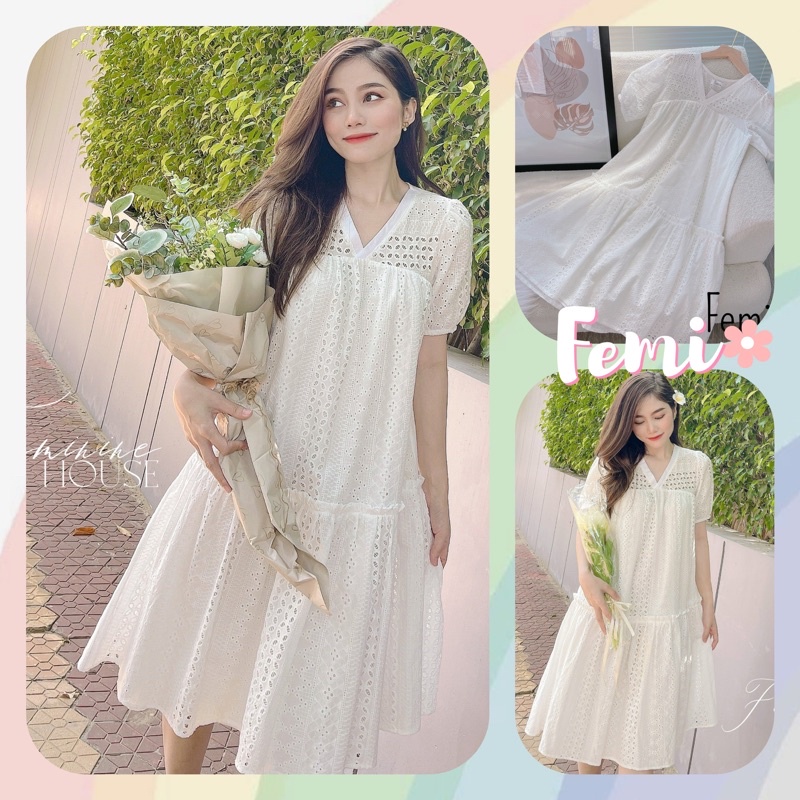 Đầm Xô Ren Trắng, Váy nữ nhấn tầng dáng dài Freesize diện hè du lịch đi chơi