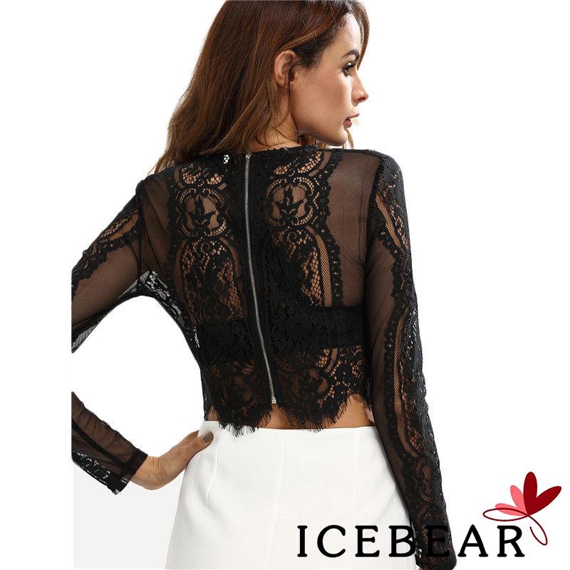 Áo thun phối ren dài tay quyến rũ cho nữ