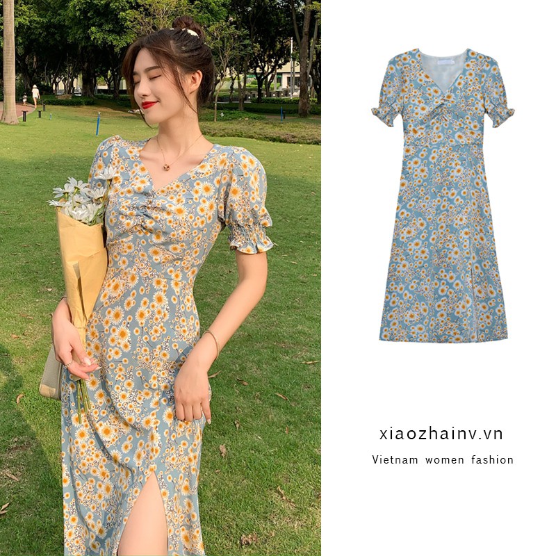 đầm ulzzang Nữ Tay Ngắn In Hình Hoa Cúc Phong Cách Hàn Quốc | BigBuy360 - bigbuy360.vn
