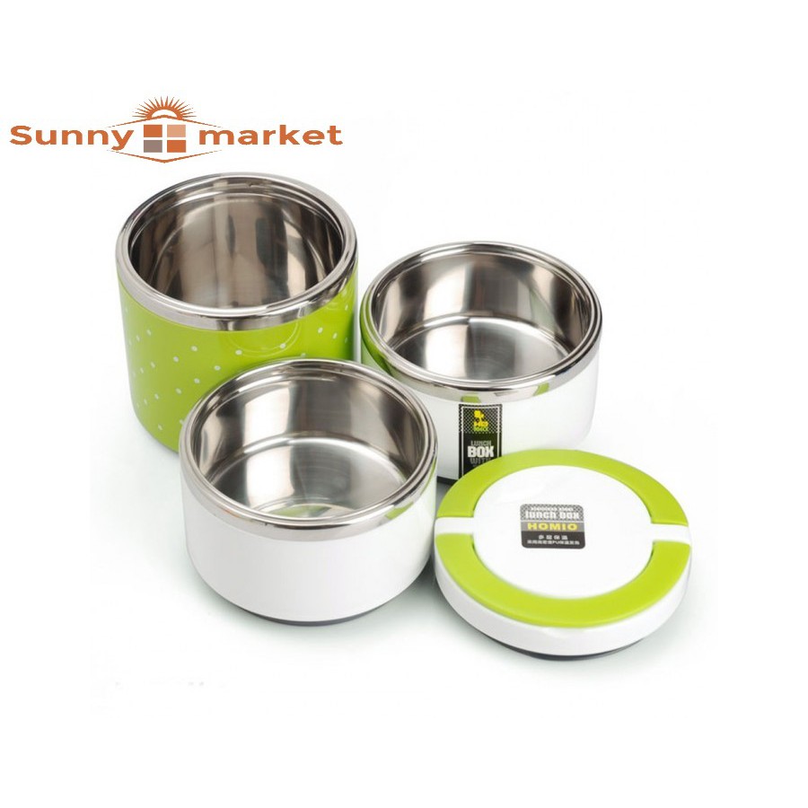 Hộp đựng cơm, camen 3 tầng chấm bi, ruột inox giữ nhiệt cao cấp