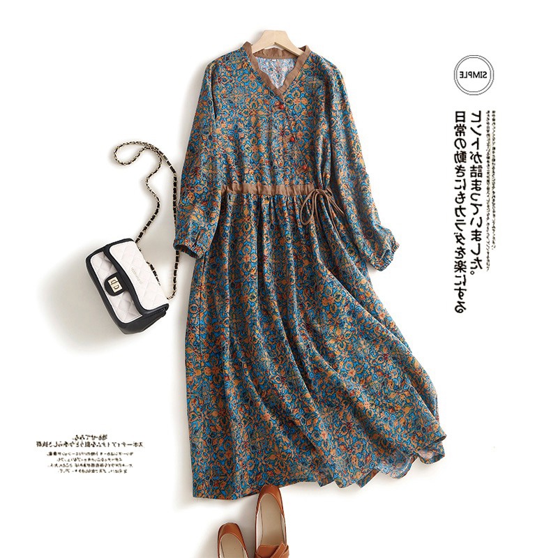 Đầm Dài Vải Lanh Cotton Cổ Chữ V Họa Tiết Hoa Phong Cách Retro