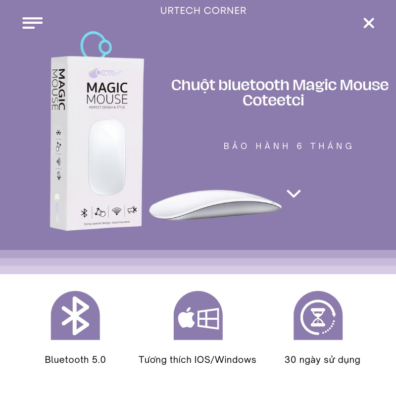 Chuột không dây bluetooth Coteetci Urtechcorner chuột wireless sạc điện macbook/laptop siêu mỏng con lăn cảm ứng