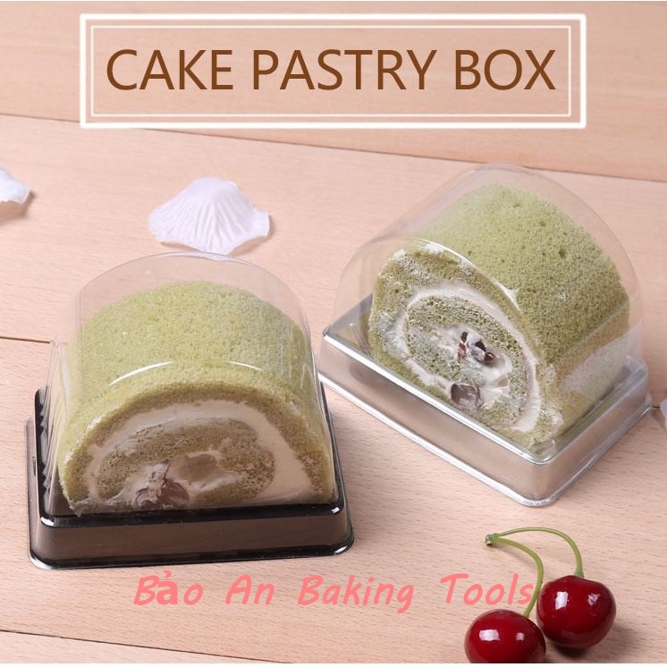 Hộp Nhựa Đựng Bánh Bông Lan Cuộn Đế đen kèm nắp nhựa PET trong (set 10 bộ)
