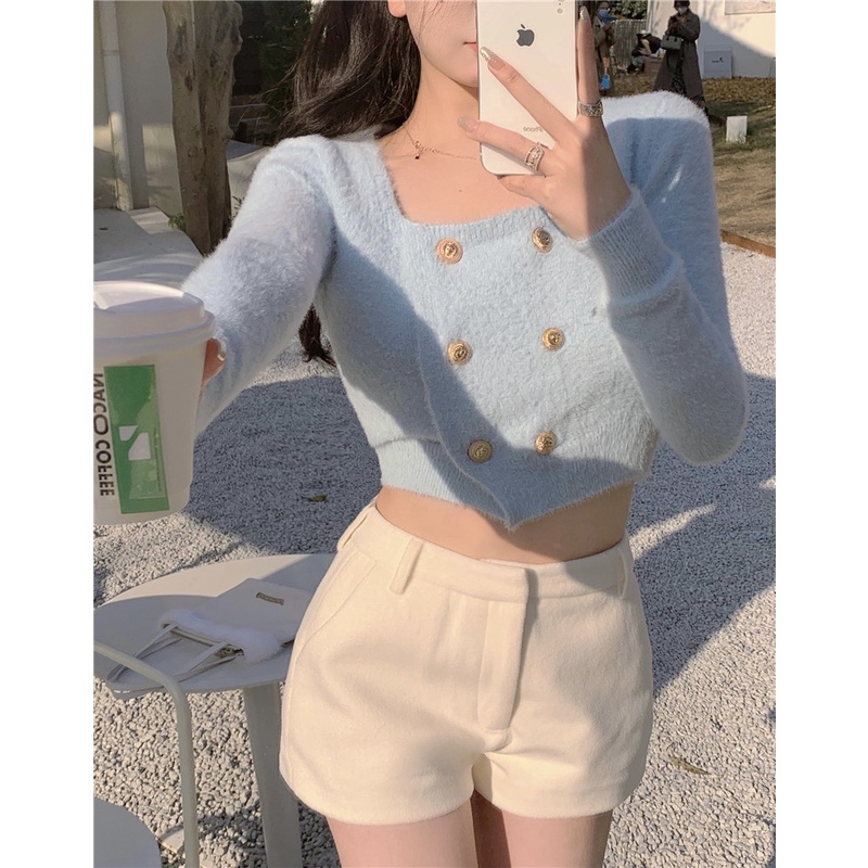 Áo sweater Dệt Kim Mỏng Phối Lông Chồn Phong Cách Hàn Quốc Mới