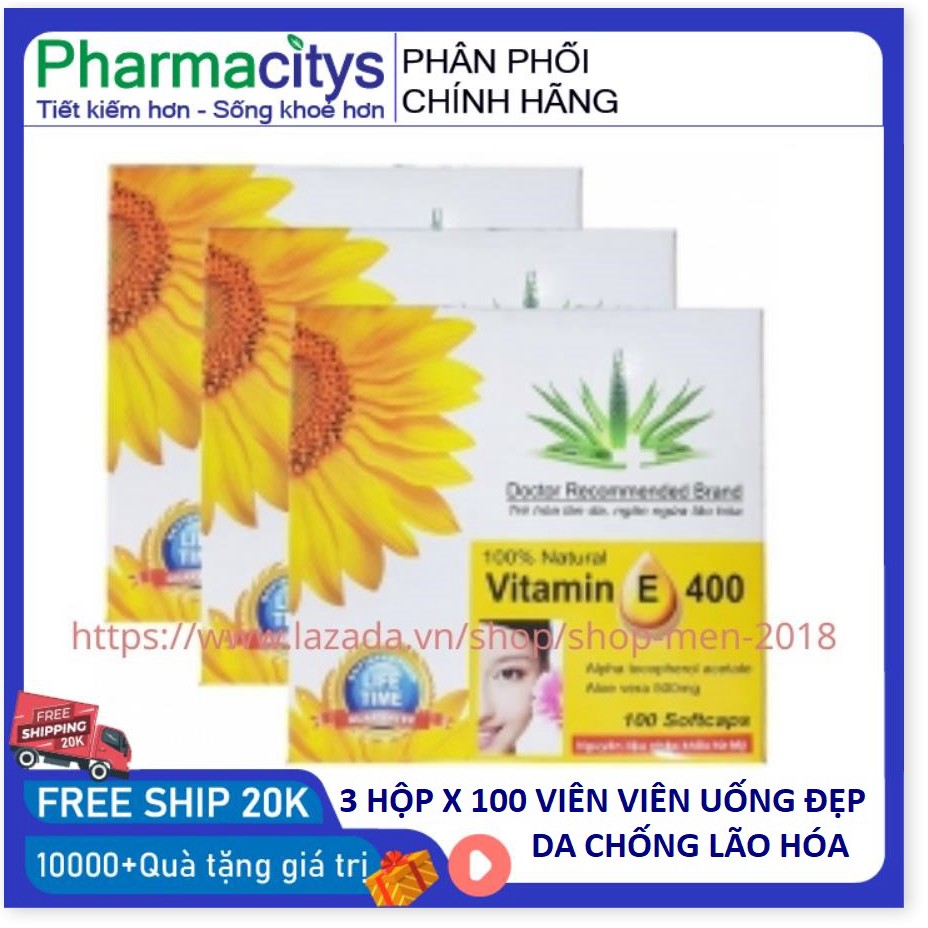 Combo 3 hộp vitamin E mỗi hộp 100 viên đẹp da chống lão hóa giảm nám mờ vết nhăn - HSD 2023 - shop men 2018