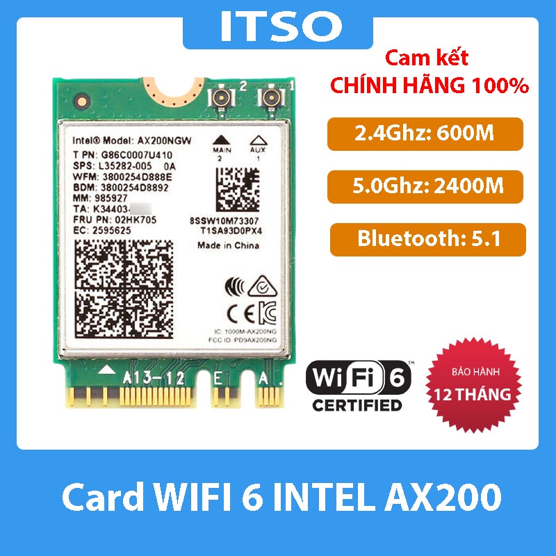 Card WIFI Intel AC7260 AC8260 AC9260 AX200 AX210 khe M2 cho laptop - Thiết bị thu wifi cho máy tính