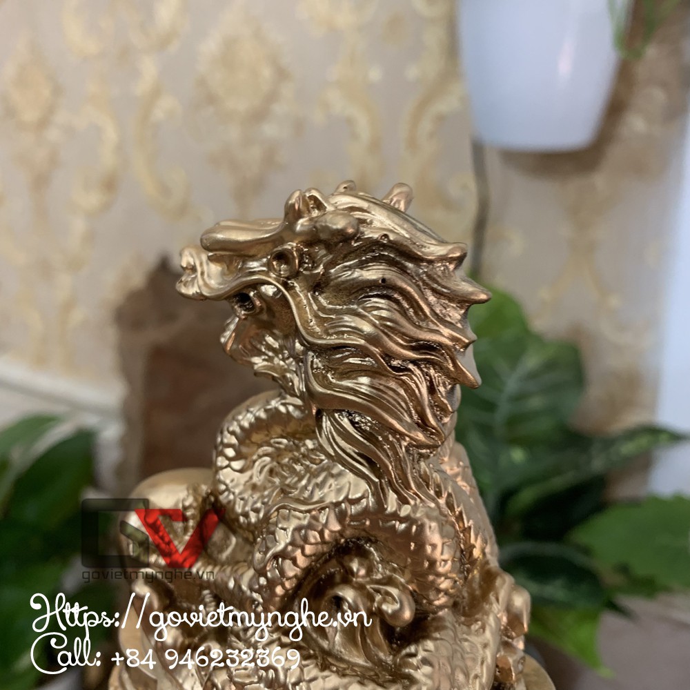 Tượng đá con rồng trang trí phong thủy bàn làm việc kệ sách mang may mắn chiêu tài lộc - Màu Nhũ Vàng - Cao 11cm