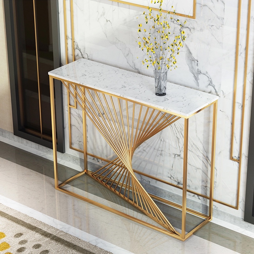 Bàn console trang trí phòng khách hiện đại IBIE AK003 khung sắt sơn tĩnh điện, mặt đá vân mây, tùy chọn màu sắc