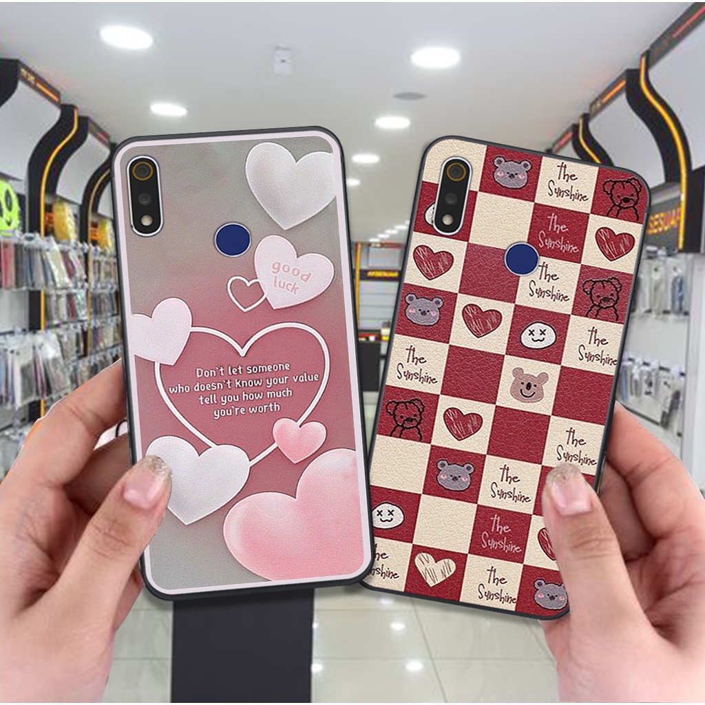 Ốp Realme 3 / 3 Pro bộ hình caro trái tim đen trắng hồng bong bóng dễ thương